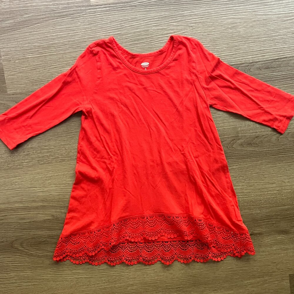 Old Navy Girls 3/4 Sleeves Red Swing Top with Lace Bottom Hem